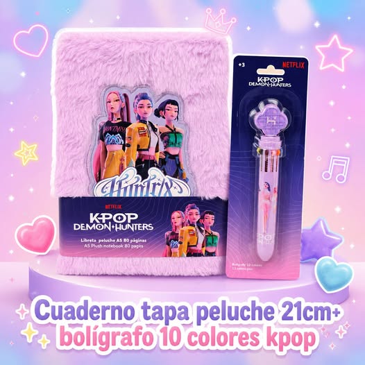 pack cuaderno tapa peluche+boligrafo 10 colores kpop